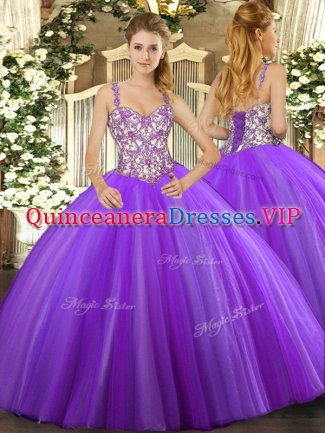 Sleeveless Floor Length Beading and Appliques Lace Up Sweet 16 Dresses with Lavender