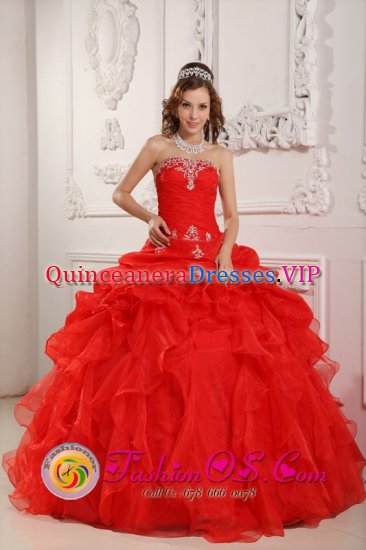 San Pelayo colombia Custom Made Strapless Red Appliques and Ruched Bodice Ruffles Organza Quinceanera Dress - Click Image to Close