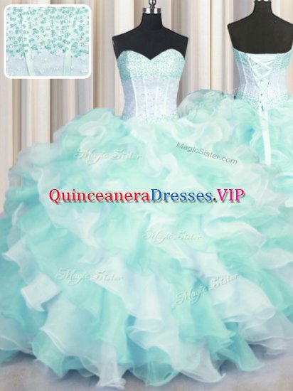 Exceptional Two Tone Visible Boning Floor Length Lace Up Sweet 16 Dress Multi-color for Military Ball and Sweet 16 and Quinceanera with Beading and Ruffles - Click Image to Close