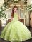 Halter Top Sleeveless Pageant Gowns For Girls Floor Length Beading and Ruffled Layers Yellow Green Organza