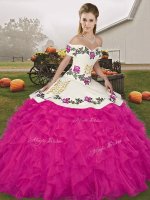 High Class Fuchsia Lace Up Off The Shoulder Embroidery and Ruffles Quinceanera Gown Organza Sleeveless