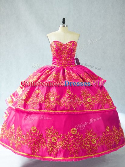 Captivating Hot Pink Quince Ball Gowns Organza Sleeveless Embroidery and Ruffled Layers - Click Image to Close