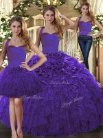 Purple Ball Gowns Organza Halter Top Sleeveless Ruffles Floor Length Lace Up Sweet 16 Dress