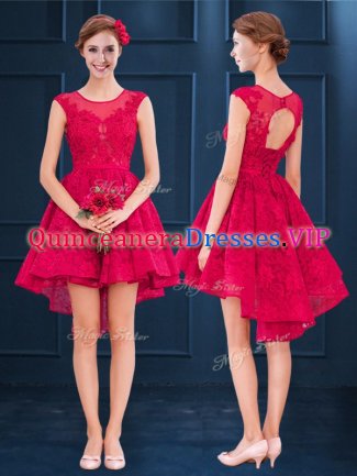 Pretty Wine Red A-line Satin and Lace Scoop Sleeveless Lace and Belt High Low Clasp Handle Quinceanera Dama Dress