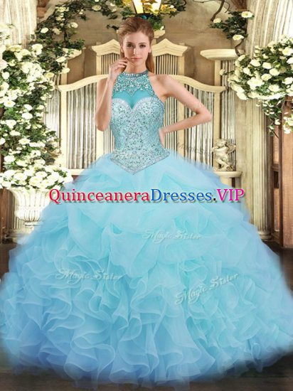 On Sale Aqua Blue Halter Top Neckline Beading and Ruffles and Pick Ups Quinceanera Gown Sleeveless Lace Up - Click Image to Close