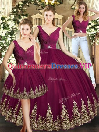 Eye-catching Burgundy Sleeveless Floor Length Beading and Appliques Backless 15th Birthday Dress