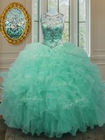 Scoop Sleeveless Sweet 16 Quinceanera Dress Floor Length Beading and Ruffles Apple Green Organza