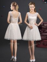 Custom Fit Scoop Knee Length Lace Up Quinceanera Dama Dress Champagne for Prom and Party and Wedding Party with Lace and Appliques