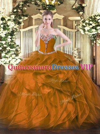 Brown Lace Up Sweet 16 Quinceanera Dress Beading and Ruffles Sleeveless Floor Length