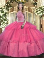 Super Hot Pink Sleeveless Tulle Lace Up Sweet 16 Dresses for Military Ball and Sweet 16 and Quinceanera