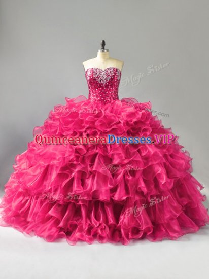 Hot Pink Quinceanera Gowns Sweet 16 and Quinceanera with Beading and Ruffles Sweetheart Sleeveless Lace Up - Click Image to Close