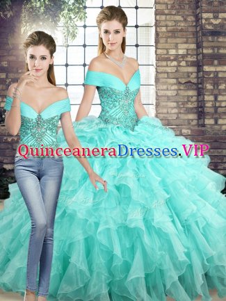 Traditional Aqua Blue Lace Up Off The Shoulder Beading and Ruffles 15 Quinceanera Dress Organza Sleeveless Brush Train