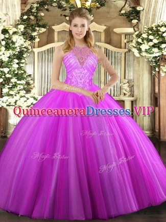 Sumptuous Beading Sweet 16 Quinceanera Dress Fuchsia Lace Up Sleeveless Floor Length