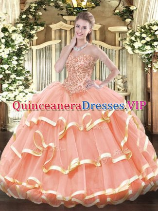 Low Price Sweetheart Sleeveless Organza Vestidos de Quinceanera Appliques and Ruffled Layers Lace Up