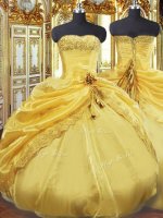 Pretty Gold Sleeveless Floor Length Beading and Pick Ups Lace Up Sweet 16 Quinceanera Dress