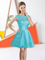 Beautiful Aqua Blue Organza Backless Quinceanera Court of Honor Dress Sleeveless Knee Length Beading and Lace