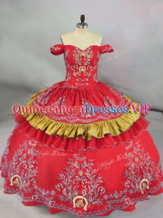 Glamorous Red Off The Shoulder Neckline Embroidery Vestidos de Quinceanera Sleeveless Lace Up