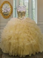 Light Yellow Ball Gowns Scoop Sleeveless Organza Floor Length Lace Up Beading and Ruffles Quinceanera Dresses