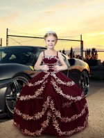 Burgundy Ball Gowns Satin Straps Sleeveless Embroidery Floor Length Lace Up Kids Formal Wear