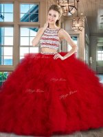 Beauteous Scoop Red Tulle Backless 15th Birthday Dress Sleeveless With Brush Train Beading and Ruffles