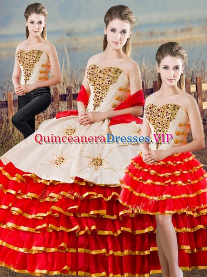 Hot Sale Floor Length Lace Up Quince Ball Gowns White And Red for Sweet 16 and Quinceanera with Beading and Ruffled Layers - Click Image to Close