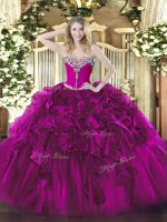 Fuchsia Lace Up Sweetheart Beading and Ruffles Quinceanera Gown Organza Sleeveless