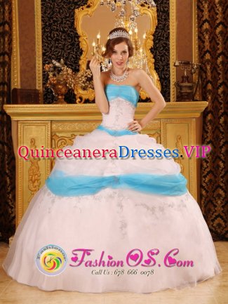 Perfect Satin and Organza Baby Blue Quinceanera Dress With Pick-ups and Appliques In Gilbert AZ