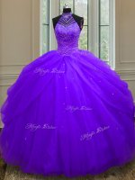 Purple Lace Up Halter Top Beading and Sequins Quinceanera Dress Tulle Sleeveless