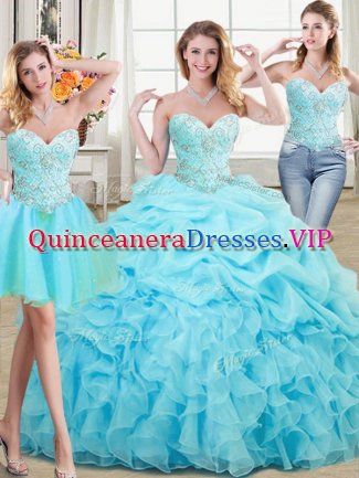 Luxury Three Piece Organza Sleeveless Floor Length Quince Ball Gowns and Beading and Ruffles and Pick Ups