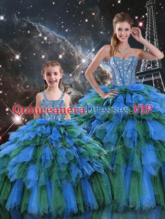 Discount Sweetheart Sleeveless Quinceanera Gowns Floor Length Beading and Ruffles and Ruffled Layers Multi-color Organza