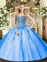 Glittering Floor Length Blue Ball Gown Prom Dress Tulle Sleeveless Beading and Appliques