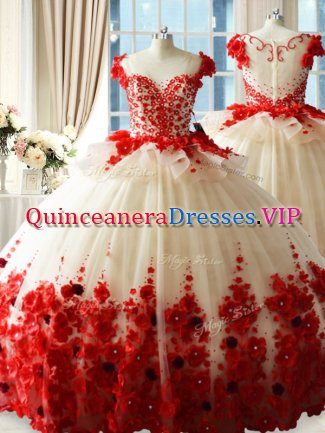 Sumptuous Tulle Sleeveless Quinceanera Gowns Brush Train and Hand Made Flower