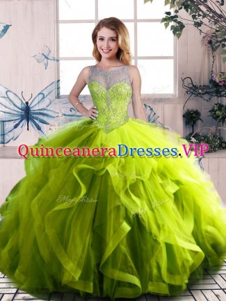 Pretty Olive Green Lace Up Scoop Beading and Ruffles Quinceanera Dress Tulle Sleeveless