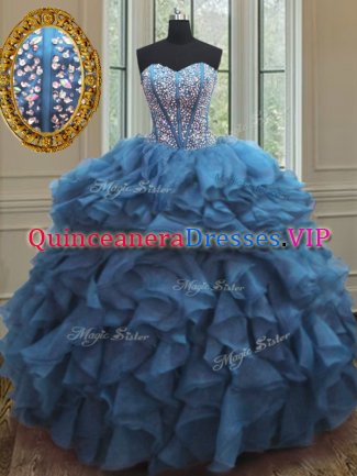 Customized Teal Lace Up Sweetheart Beading and Ruffles Quinceanera Gowns Organza Sleeveless