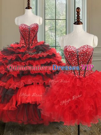 Nice Three Piece Sleeveless Lace Up Floor Length Beading and Ruffled Layers Sweet 16 Dress