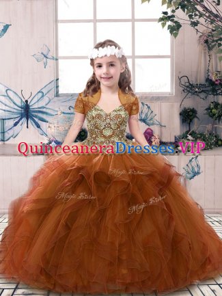 Latest Rust Red Straps Lace Up Beading and Ruffles Pageant Dress Toddler Sleeveless