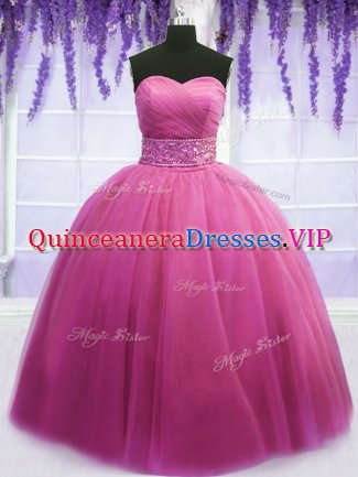 Tulle Sleeveless Floor Length 15th Birthday Dress and Beading and Belt