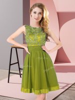 Hot Sale Olive Green Empire Scoop Sleeveless Chiffon Mini Length Backless Beading and Appliques Damas Dress