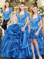 Flirting Blue Sweet 16 Quinceanera Dress Military Ball and Sweet 16 and Quinceanera with Beading and Ruffles Sweetheart Sleeveless Lace Up