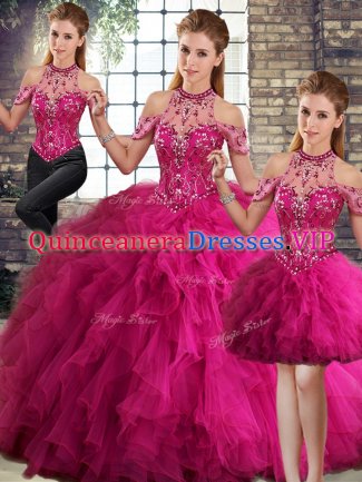 Suitable Fuchsia Lace Up Halter Top Beading and Ruffles 15 Quinceanera Dress Tulle Sleeveless