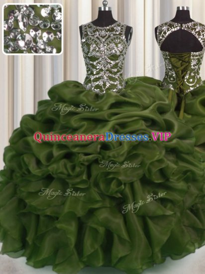 See Through Scoop Sleeveless Sweet 16 Quinceanera Dress Floor Length Beading and Pick Ups Olive Green Organza - Click Image to Close