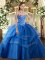 Floor Length Blue Quinceanera Gowns Tulle Sleeveless Embroidery and Ruffled Layers