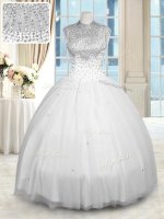 Cheap White Ball Gowns Tulle High-neck Sleeveless Beading Floor Length Zipper Sweet 16 Quinceanera Dress