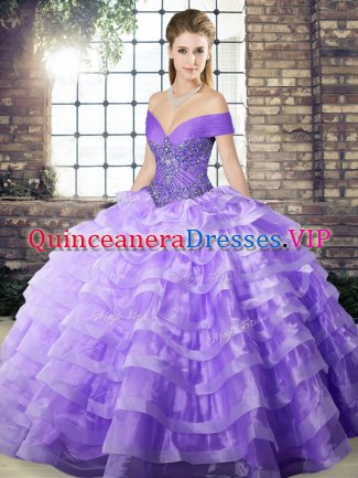 Sexy Sleeveless Brush Train Beading and Ruffled Layers Lace Up 15 Quinceanera Dress