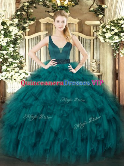 Custom Design Teal Zipper Vestidos de Quinceanera Beading and Ruffles Sleeveless Floor Length - Click Image to Close