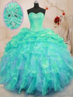 Perfect Sweetheart Sleeveless 15th Birthday Dress Floor Length Beading and Ruffles Turquoise Organza