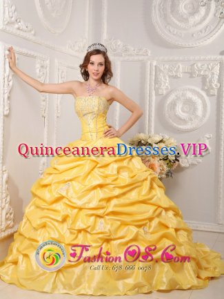 Strapless Court Train Taffeta Appliques and Beading Brand New Yellow Quinceanera Dress Ball Gown In Mount Vernon Iowa/IA