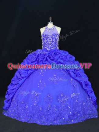 Eye-catching Sleeveless Floor Length Beading and Appliques and Embroidery and Pick Ups Lace Up Quinceanera Gown with Royal Blue