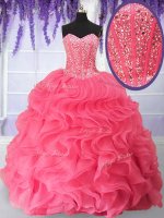 Hot Sale Rose Pink Organza Lace Up Vestidos de Quinceanera Sleeveless Floor Length Beading and Ruffles