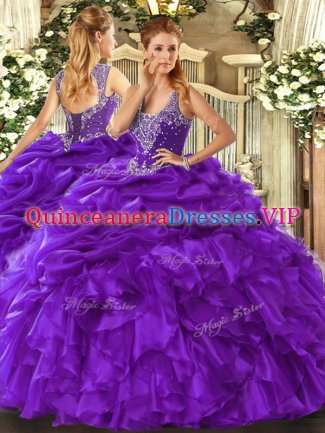 Latest Straps Sleeveless Quince Ball Gowns Floor Length Beading and Ruffles and Pick Ups Purple Organza